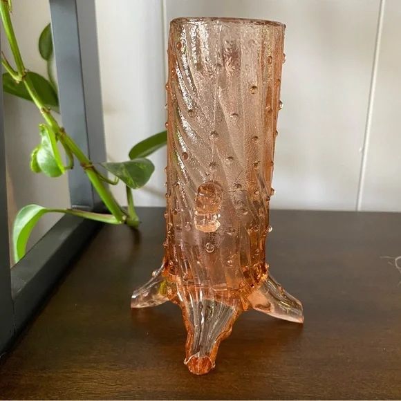 Antique Northwood LG Wright Pink Glass Town Tree Trunk Pump Creamer Vase Footed - Picture 2 of 9